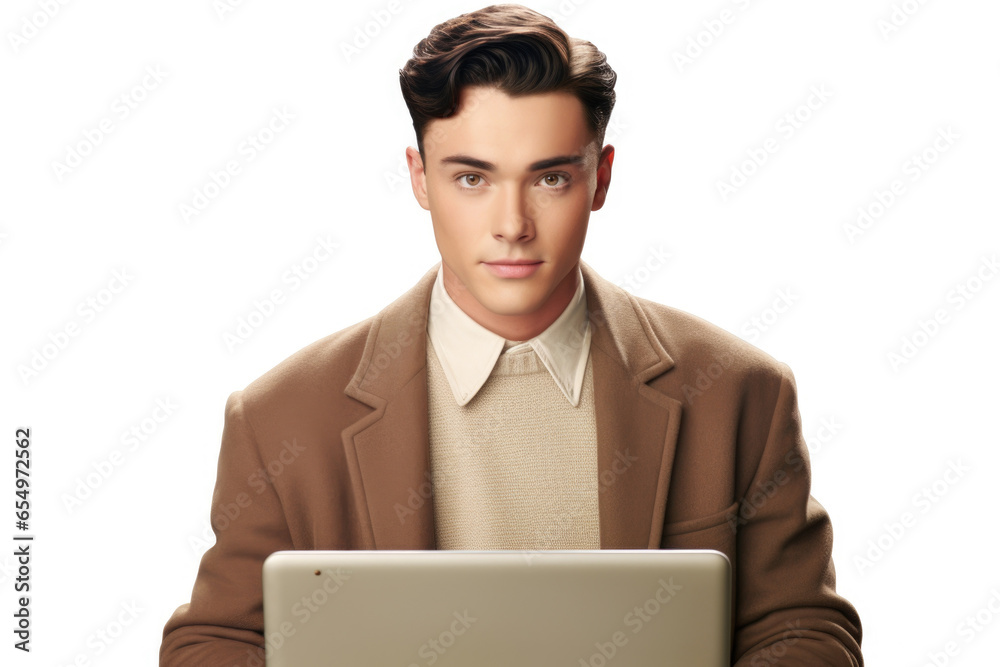 A man wearing a brown jacket is seen using a laptop. This image can be used to depict technology, work, or remote working. A man wearing a brown jacket is seen using a laptop. This image can be used to depict technology, work, or remote working.