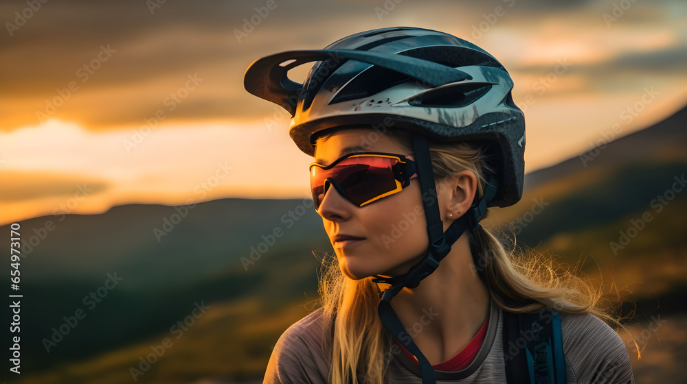Empowered Pedals: Capturing the Essence of a Fearless Female Cyclist at Sunset, generative ai Empowered Pedals: Capturing the Essence of a Fearless Female Cyclist at Sunset, generative ai