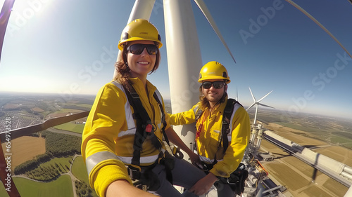young man and woman maintenance engineer team working in wind turbine farm.Generative AI.