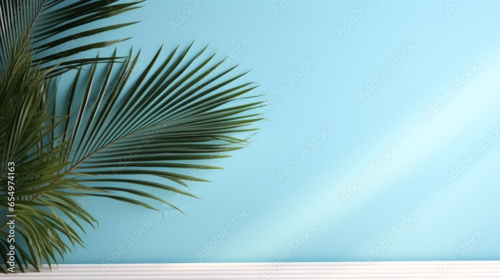 Obraz premium Tropical Palm Leaves Against Clear Blue Sky. Vibrant palm leaves reaching into the expanse of a clear blue sky.