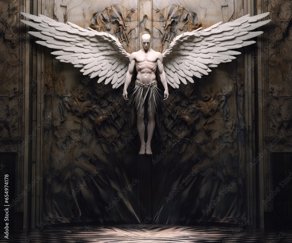 Sculpture / statue of a man angel with wings on an ornate wall lit from above - obrazy, fototapety, plakaty 