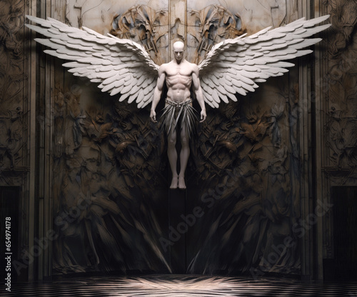 Sculpture / statue of a man angel with wings on an ornate wall lit from above