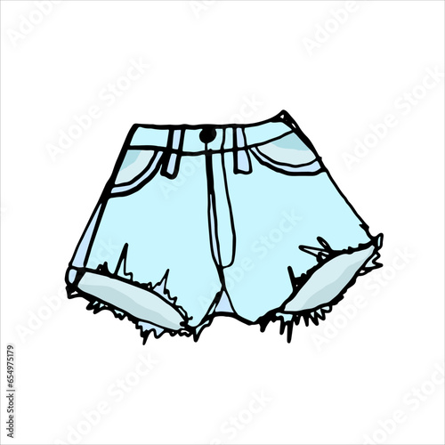 Women's denim mini shorts. Torn fashionable clothes with a raw edge. Clipart, template, sketch, icon, sketch