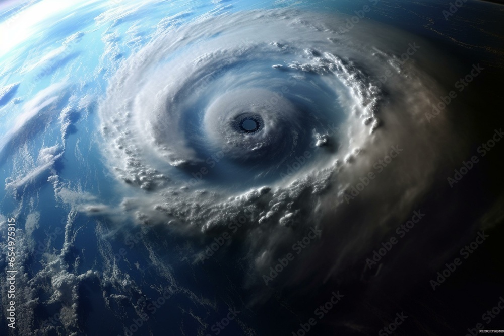 Gigantic hurricane swirling above earth, representing effects of climate change. Generative AI