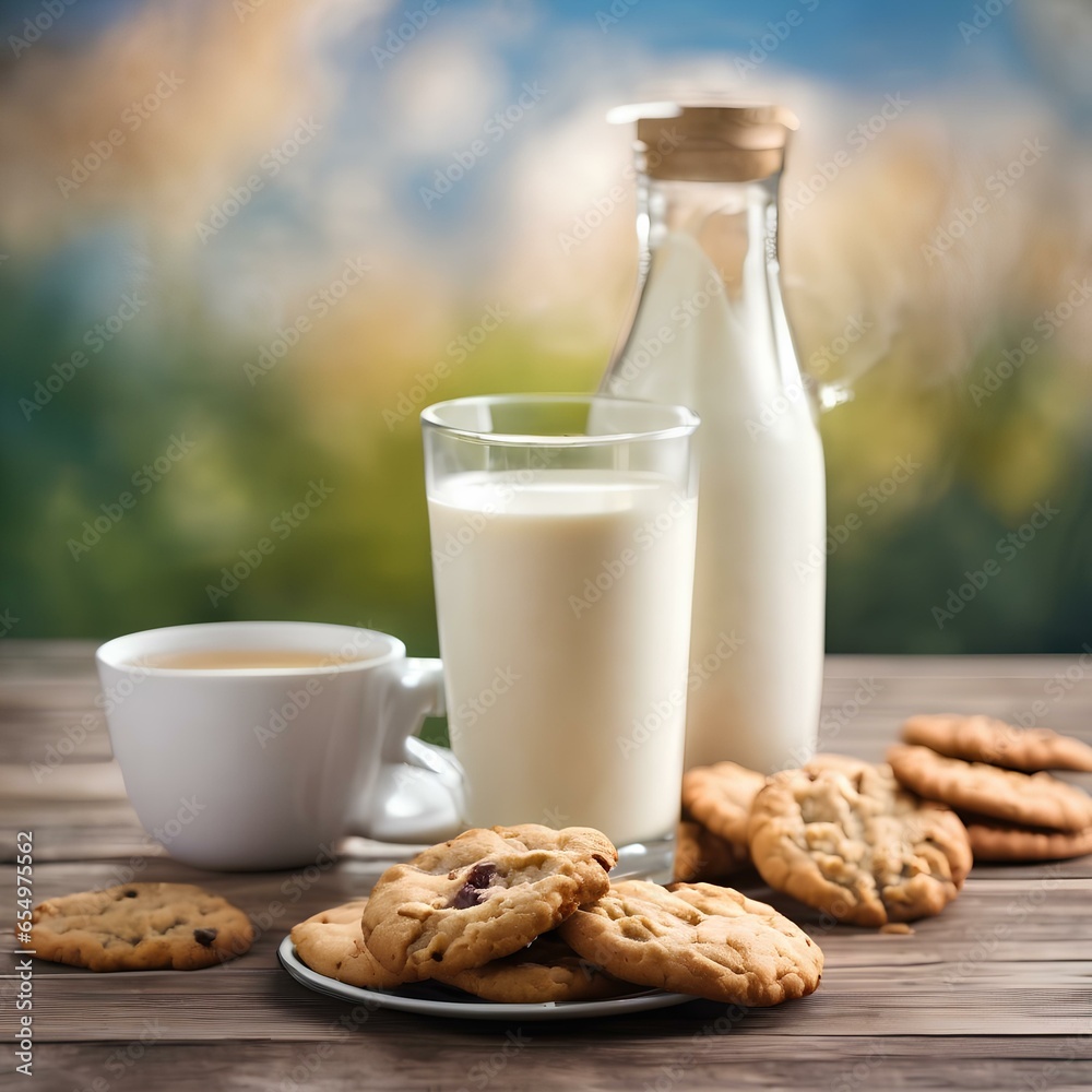 Milk and cookies on a table. Generative AI. Milk and cookies on a table. Generative AI.