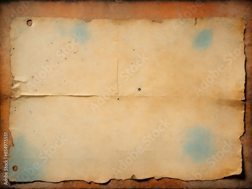 old piece of weathered paper with tattered edges paint stains and holes on rustic background surface design element with copyspace