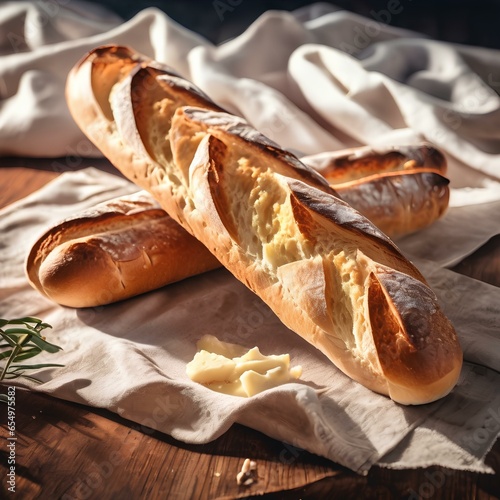 Beautiful baked baguette from french cuisine. Generative AI.