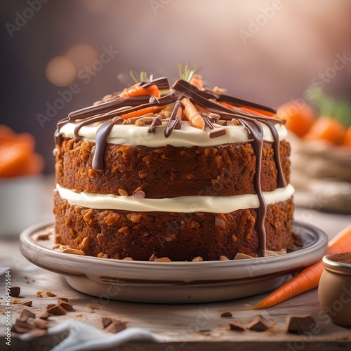 Carrot cake with some chocolate syrup and nuts. Generative AI.
