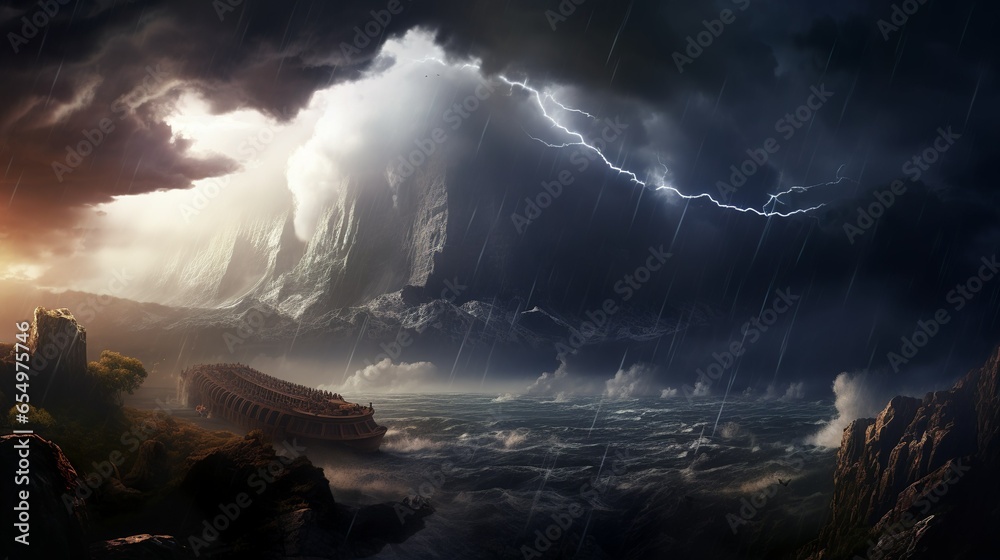 Noah's ark in the storm and flood on the mountain biblical scenery - obrazy, fototapety, plakaty 
