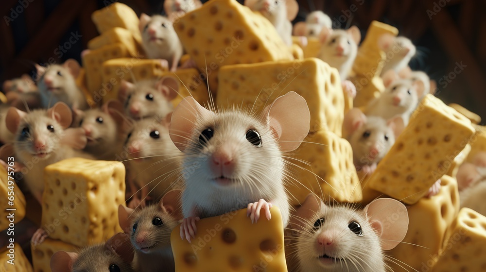 Fototapeta premium Mice taken a selfie with dozens of cheese in the basement