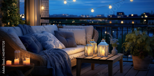 View over cozy outdoor terrace with outdoor string lights. Autumn evening on the roof terrace of a beautiful house with lanterns and city in the background.