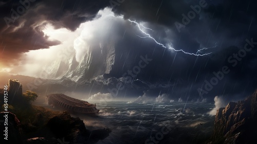 Noah's ark in the storm and flood on the mountain biblical scenery