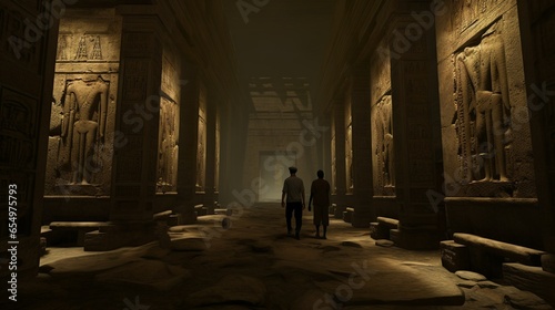 Archeologists examine egyptian temple interior wall hieroglyphs