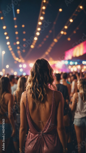 Summer Festival Vibes: Back View of Party-Goers Enjoying Music Festival, Dancing to DJ Beats in a Crowd - Embracing the Essence of Summer Nightlife, Outdoor Disco Club, and Youthful Entertainment