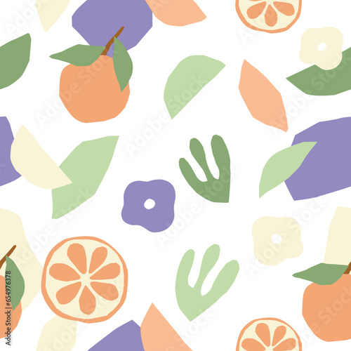 Dynamic seamless pattern with botanical elements and tangerine. Vector wallpaper perfect for textiles, natural product packaning or surface design