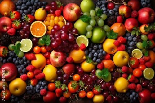 Background of colorful fresh fruits and berries. Promoting healthy food. Seen from above. Generative AI
