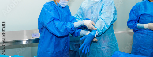 A surgical nurse puts sterile gloves on the surgeon's hands before surgery. They are dressed in blue sterile disposable surgical gowns. The assistant helps the surgeon to put on gloves.