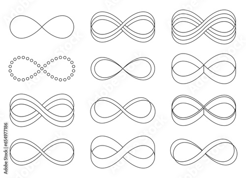 Vector infinity icons. The symbol of the unlimited in mathematics, space. Set, collection of different lines of shapes. Black geometric elements on a white background. Stock thin illustration