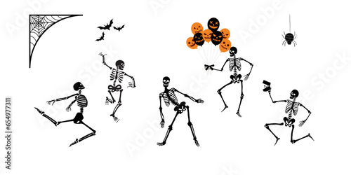 Funny skeleton symbol. Halloween concept vector illustration. Happy Halloween skeleton dancing, funny silhouettes dancing . halloween party