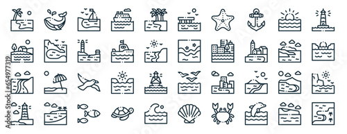 Canvastavla set of 40 outline web coastline icons such as whale, coastline, coastal road, li