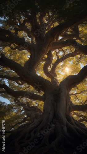 A majestic tree with a trunk of knowledge, its branches reaching up to the heavens - AI Generative