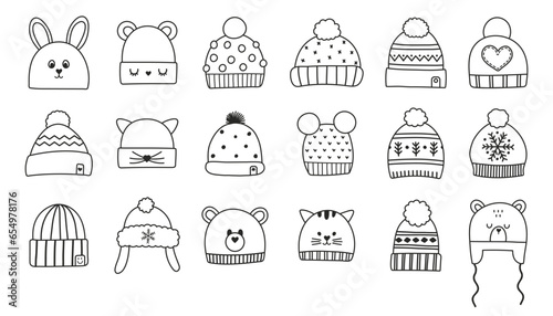 Children and adult coloring winter hats set icons. Isolated circuit hand drawn doodle sketch vector illustration
