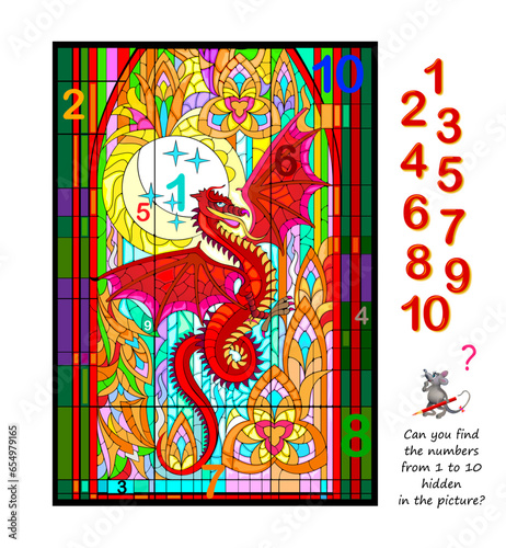 Logic puzzle game. Math education for young children. Can you find the numbers from 1 to 10 hidden in the picture? Developing counting skills. IQ test. Play online. Printable worksheet for kids.