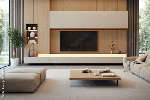 TV cabinet and wall in living room  white wall. Generative AI