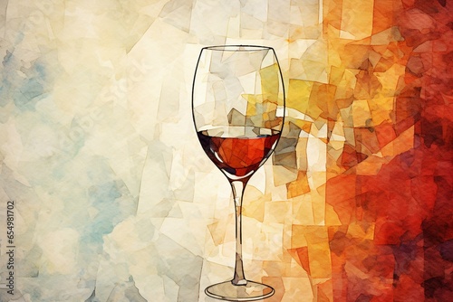 Artistic watercolor depiction of a wine glass against an abstractly textured background. Generative AI