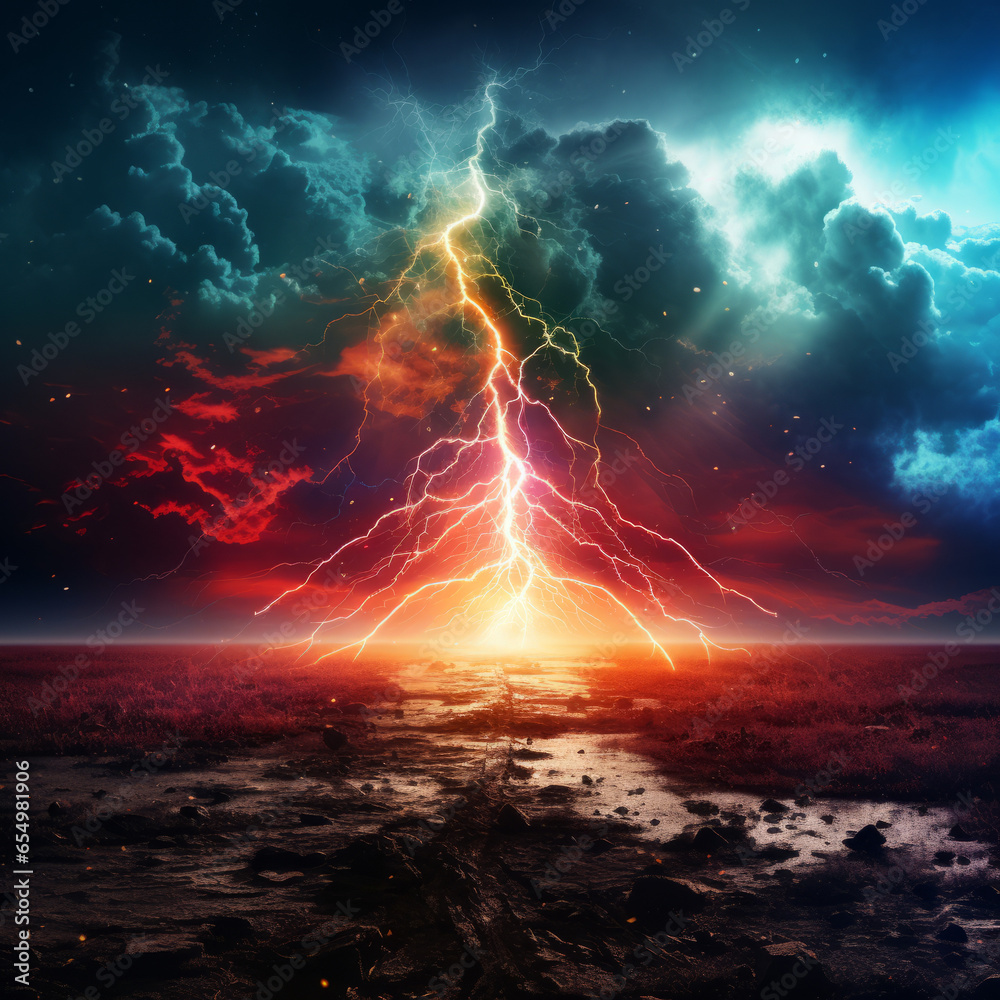 Lightning hits the ground, colorful power concept