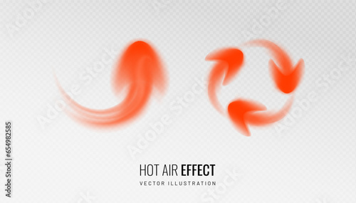 Arrow hot air flow effect icon on transparent background. Warm air element for heater. Gradient curve line - vector illustration.
