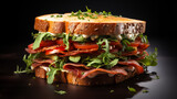 Image of a huge tasty, appetizing sandwich on a black background