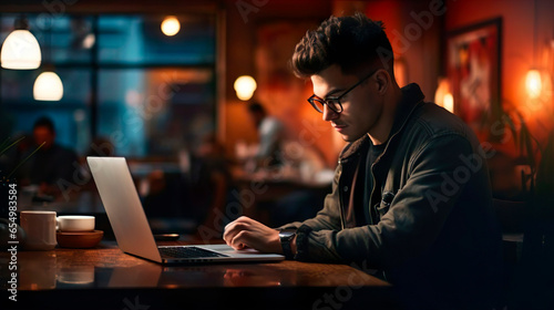 Digital freelance, remote online work, software development. Male engineer creating innovative software developing web site cyber security. Coding programmer typing on laptop in the cafe. © Irina
