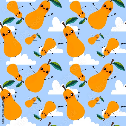 Cartoon kawaii fruit seamless pears pattern for wrapping paper and fabrics and linens and kids accessories