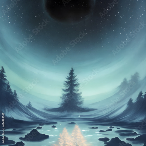 Night landscape with moon and stars