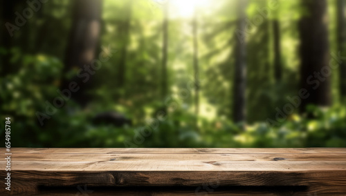 Fototapeta Naklejka Na Ścianę i Meble -  Empty rustic old wooden boards table copy space with blurred calm forest background. Product display template. Generative AI