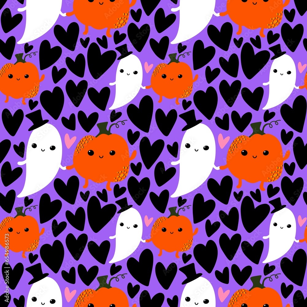 Cartoon kawaii Halloween seamless pumpkins and ghost pattern for wrapping paper and fabrics and linens and kids