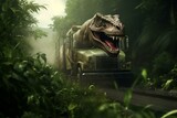 A T.rex chases a truck in a jungle. Generative AI