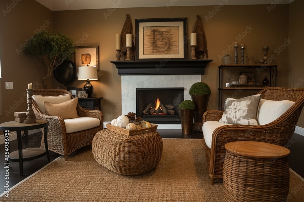 Warm inviting living room featuring a rustic wicker armchair. Generative AI - obrazy, fototapety, plakaty 