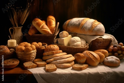 A table with various types of delicious bread items. Generative AI