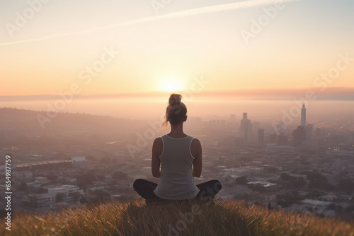 a young woman practicing mindfulness on a grassy hill, looking out over the city at sunset, breathing out and breathing in to improve her well-being and improve her anxiety.