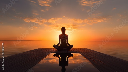 Woman Backlit in Yoga Pose in calm sunrise Zen. Generative AI image weber.