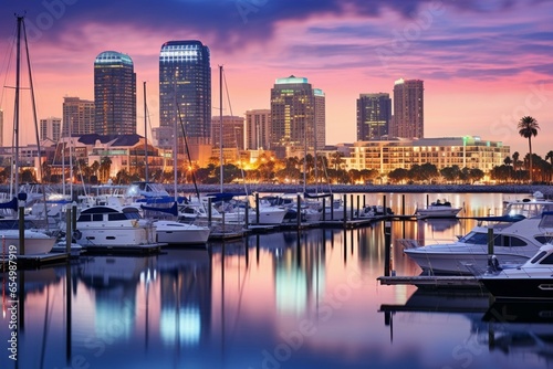 Cityscape on the bay at dusk in St. Pete, Florida, USA. Generative AI