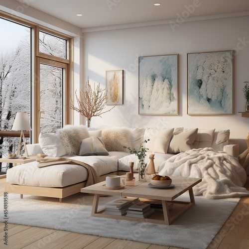 Stylish scandinavian living room with sofa