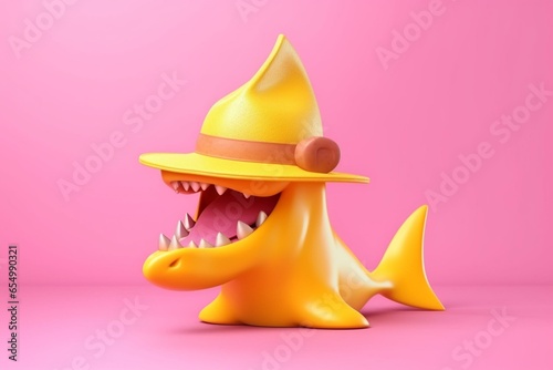 Pink shark with hat on yellow background - summer themed 3D illustration. Generative AI