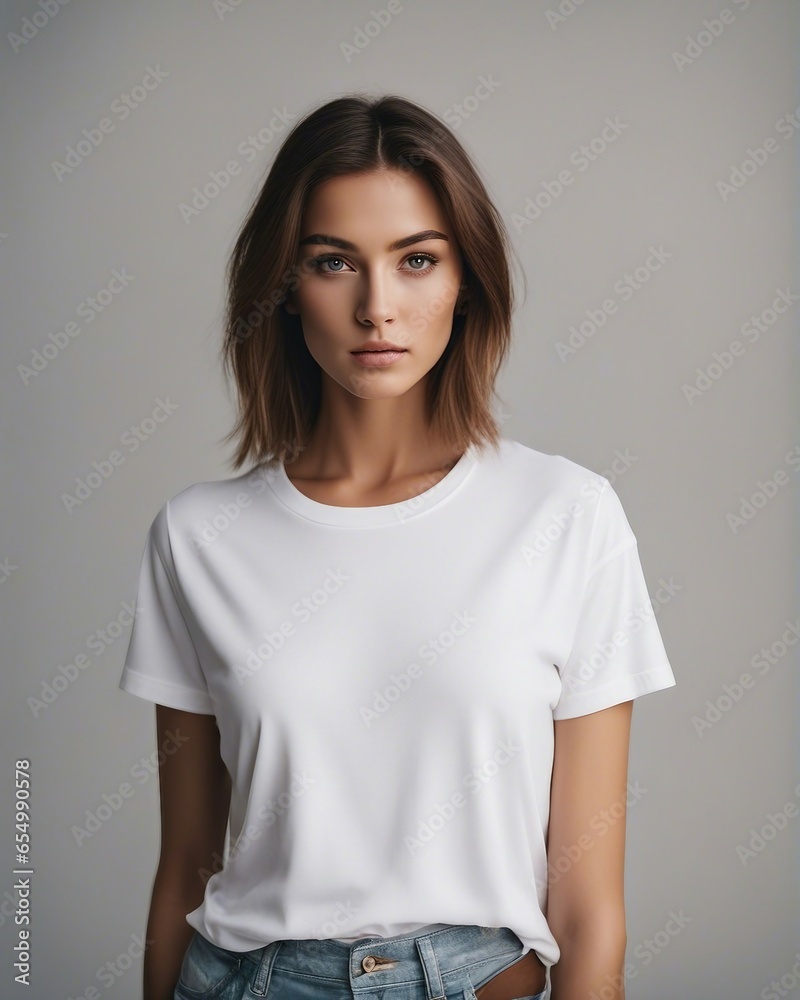 Woman taking a photo in the studio in a white t-shirt Woman taking a photo in the studio in a white t-shirt