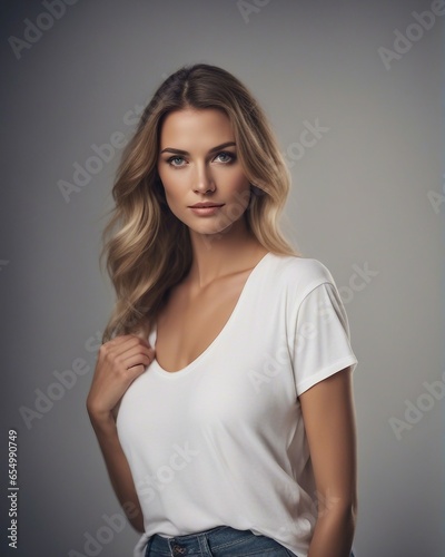 Woman taking a photo in the studio in a white t-shirt photo