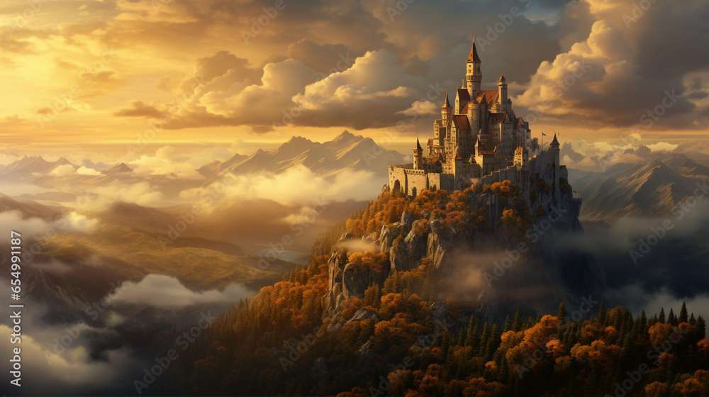 Old fairytale castle on the hill. Fantasy landscape illustration. sunrise over the forest - obrazy, fototapety, plakaty 
