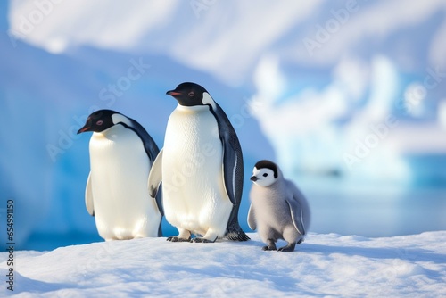 A penguin family walking together in icy glaciers. Generative AI