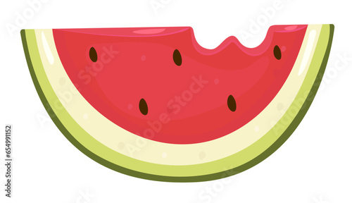 A slice of watermelon, cut piece of ripe juicy bitten berry, color vector illustration in red and green shades